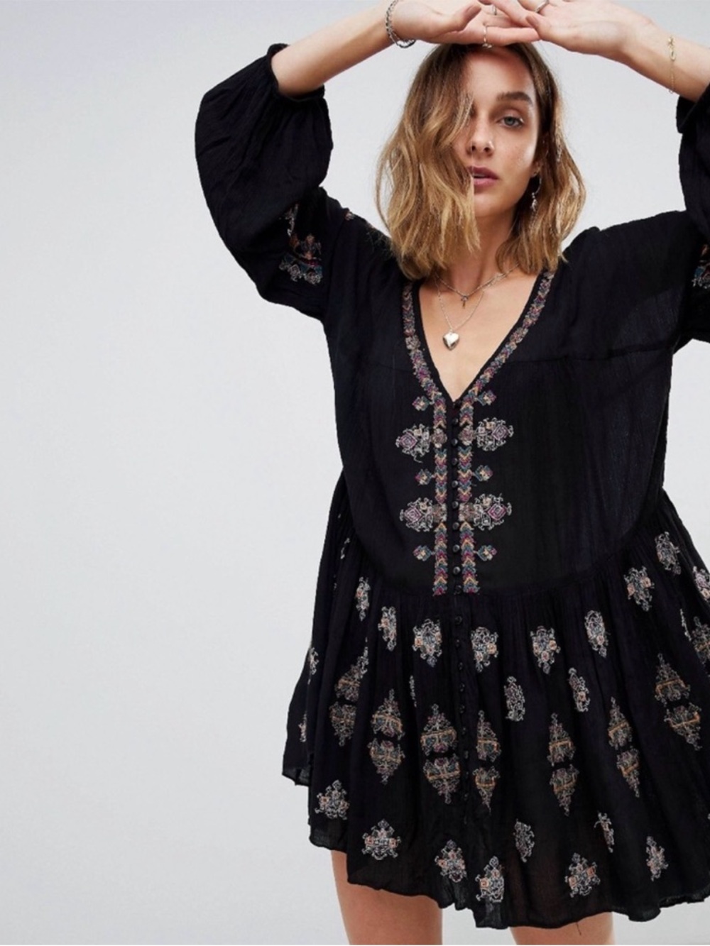 Free People Arianna Embroidered Blouson Tunic Multicolor Embroidery